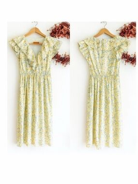 O.P.T. Womens KATE Midi Sundress V-Neck XTRA-SMALL XS Yellow Floral Ruffle